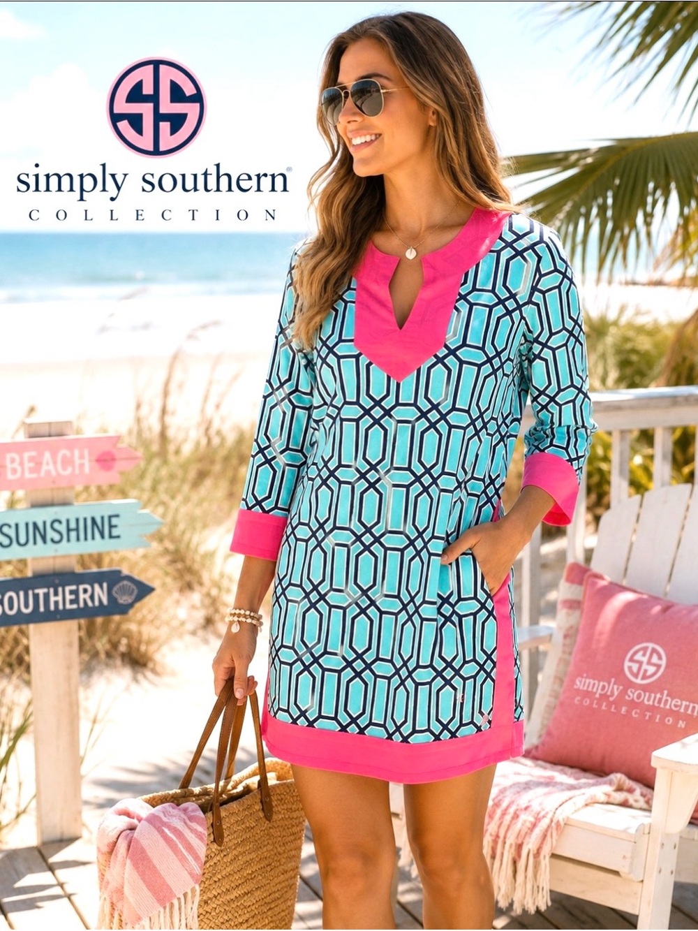 Simply Southern Baklava Cotton V Neck 3/4 Sleeves Small Pink Turquoise Tunic
